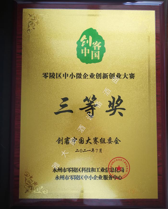 雅大榮獲2021年“創客中國”零陵區中小微企業創新創業大賽三等獎 1 雅大榮獲2021年“創客中國”零陵區中小微企業創新創業大賽三等獎 1